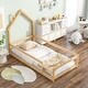 preview thumbnail 2 of 6, Natural Twin Size Pine Wood Floor bed with House-shaped Headboard and Fences for Bedroom