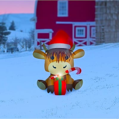 Alpine Corporation MAW278 40in Tall Highland Cow Inflatable Christmas Decoration with Cool White LED Lights Holiday Yard Display