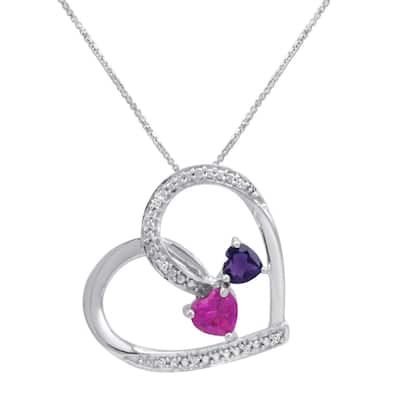 Amanda Rose Collection Pink Sapphire - Amethyst and Diamond Heart Pendant in Sterling Silver