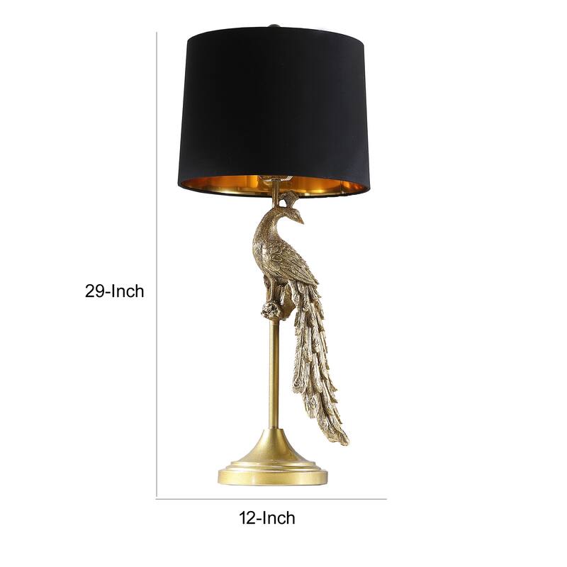 29 Inch Peacock Table Lamp, Gold Polyresin Sculpture, Black Drum Shade