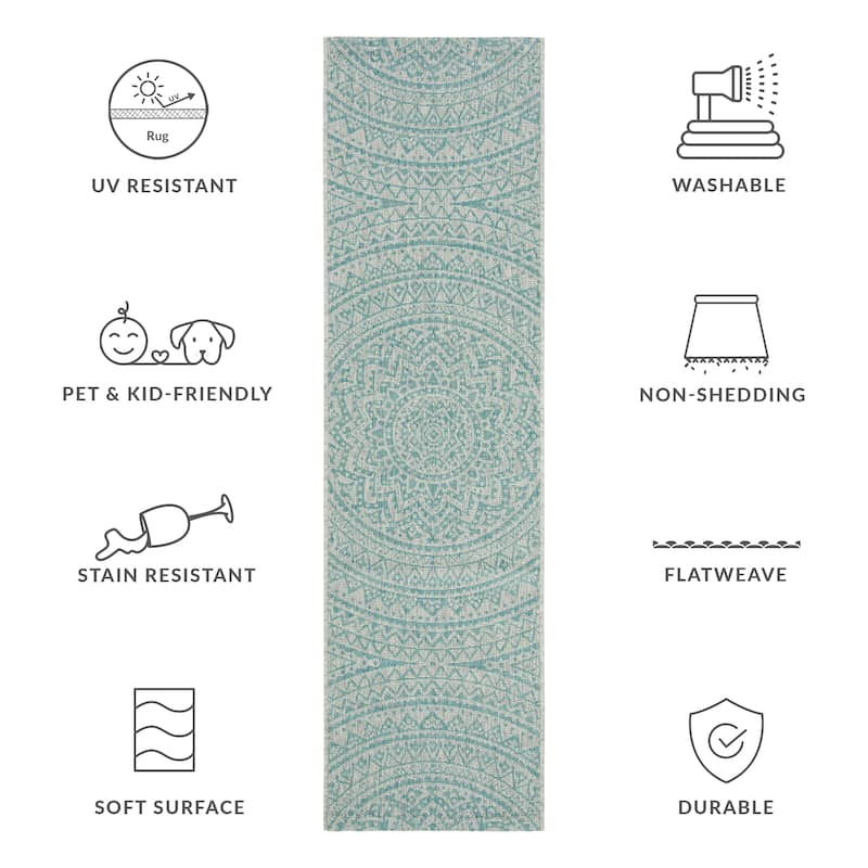 SAFAVIEH Courtyard Deepa Mandala Indoor /Outdoor Waterproof Patio Backyard Rug - 2'3" x 8' Runner - Light Grey/Aqua