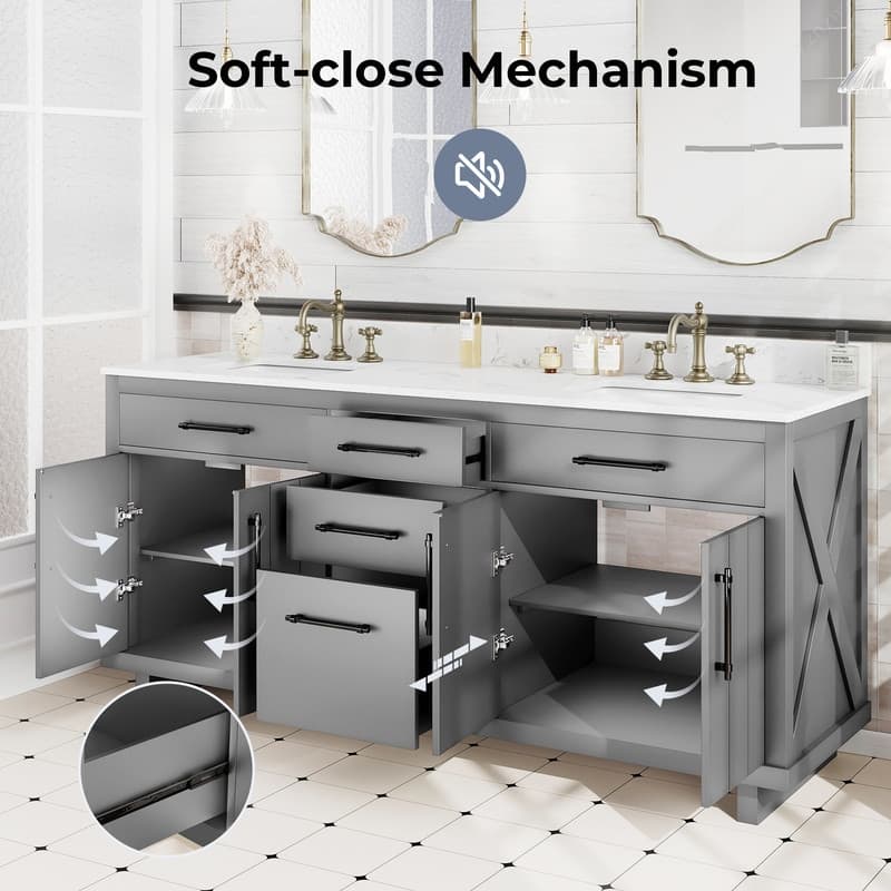 72-inch Double Bathroom Vanities with 2 Integrated Rectangular Sinks