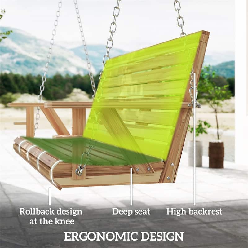 Fir and Pine Wood 3 Seater Outdoor Swing Chair with Cupholders Adjustable Chains for Patio Garden Deck - 63" W x 26.4" D x 24" H