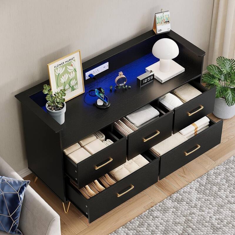 5 Drawer Dresser TV Stand for Bedroom with Charging Station & LED Lights