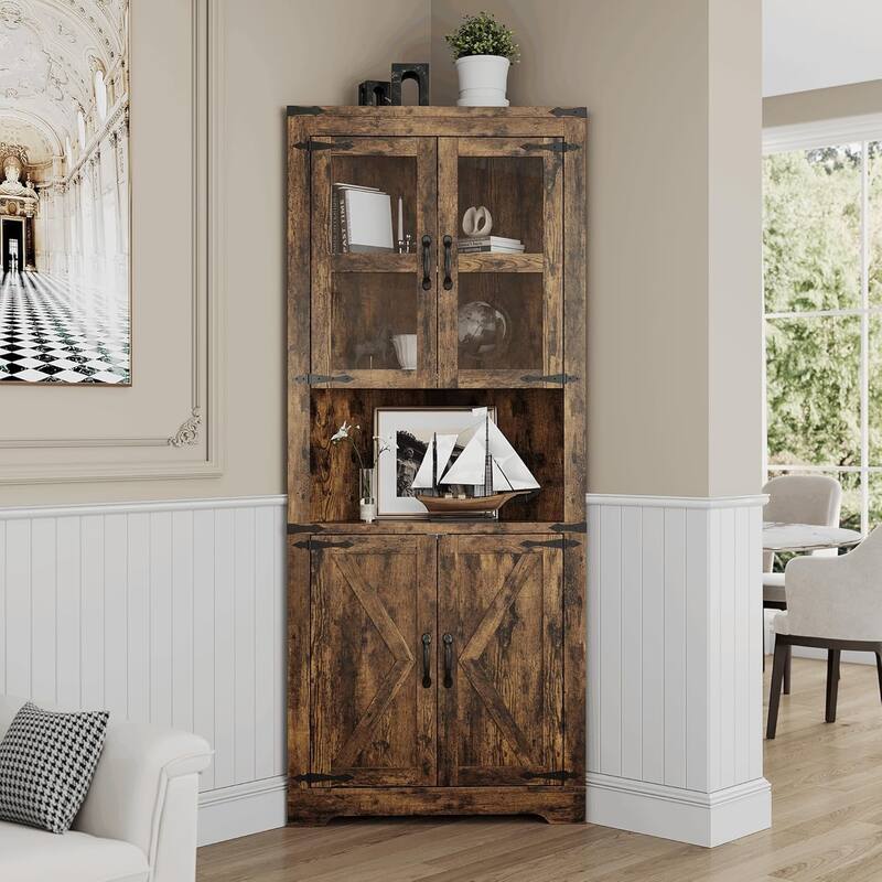 67" Tall Corner Storage Cabinet with Lights, Farmhouse Corner Hutch Display Cabinet with Glass Doors - Brown