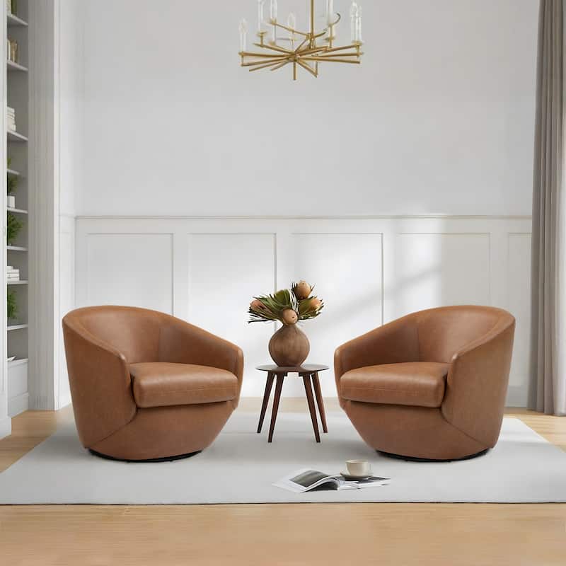 Faux Leather Velvet Upholstered Swivel Barrel Chair - FAUX LEATHER - 2 Set-PU-BROWN