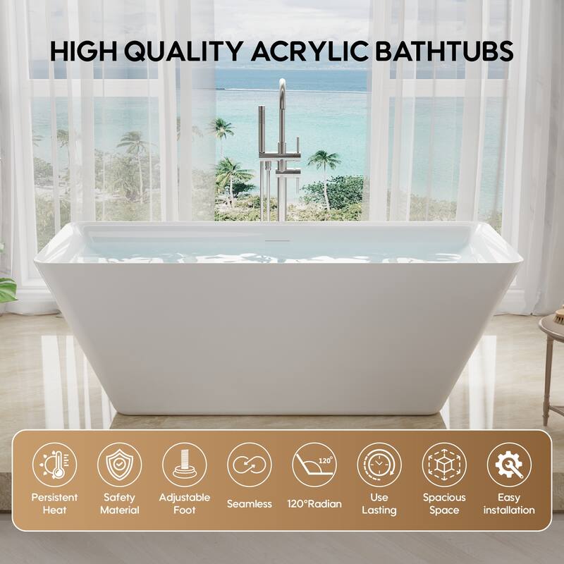 Freestanding Soaking Bathtub, 100% Pure Virgin Acrylic with Drain And Overflow,Glossy White
