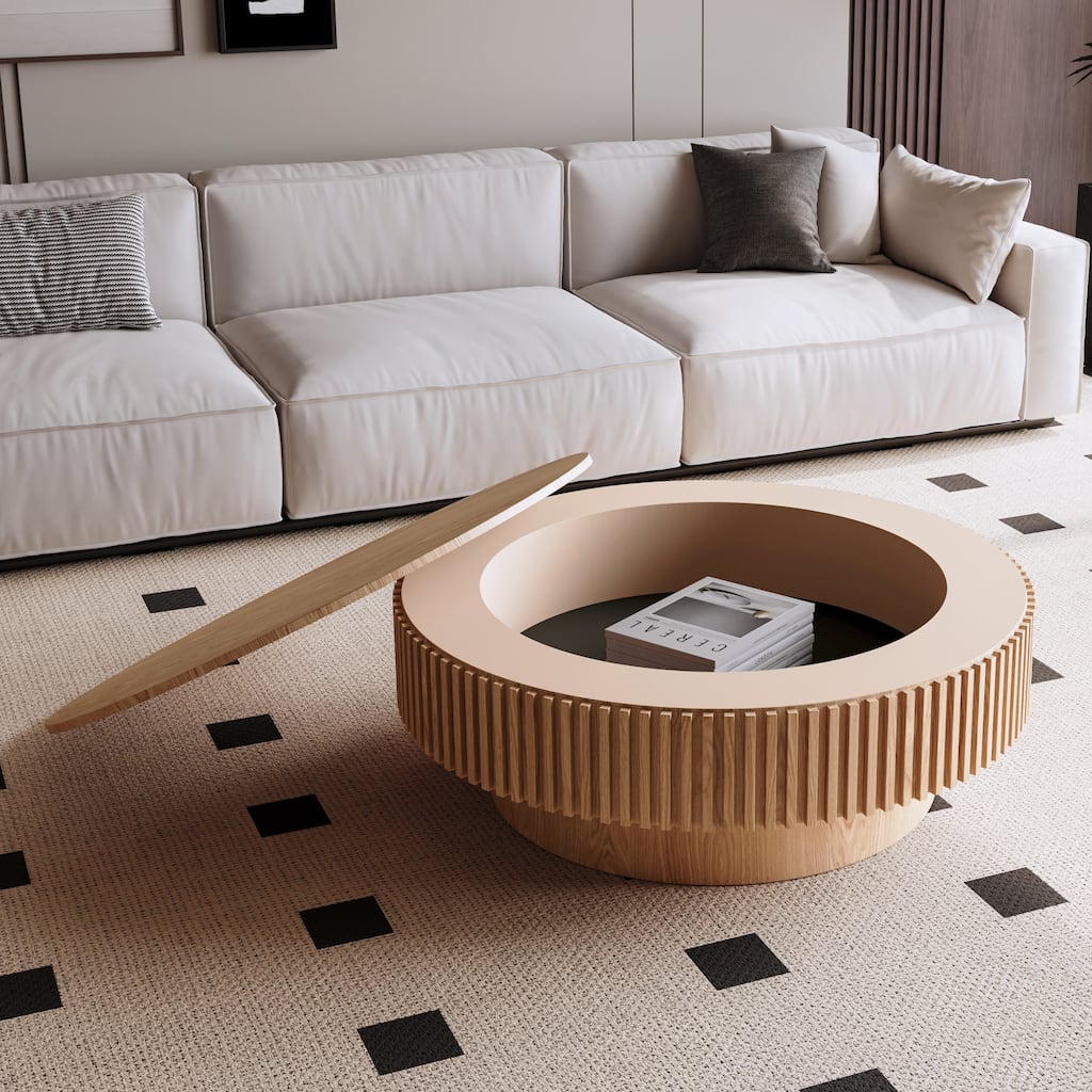 39.37" Round Coffee Table with Storage Solid Wood Veneered Modern Accent Table for Living Room or Bedroom