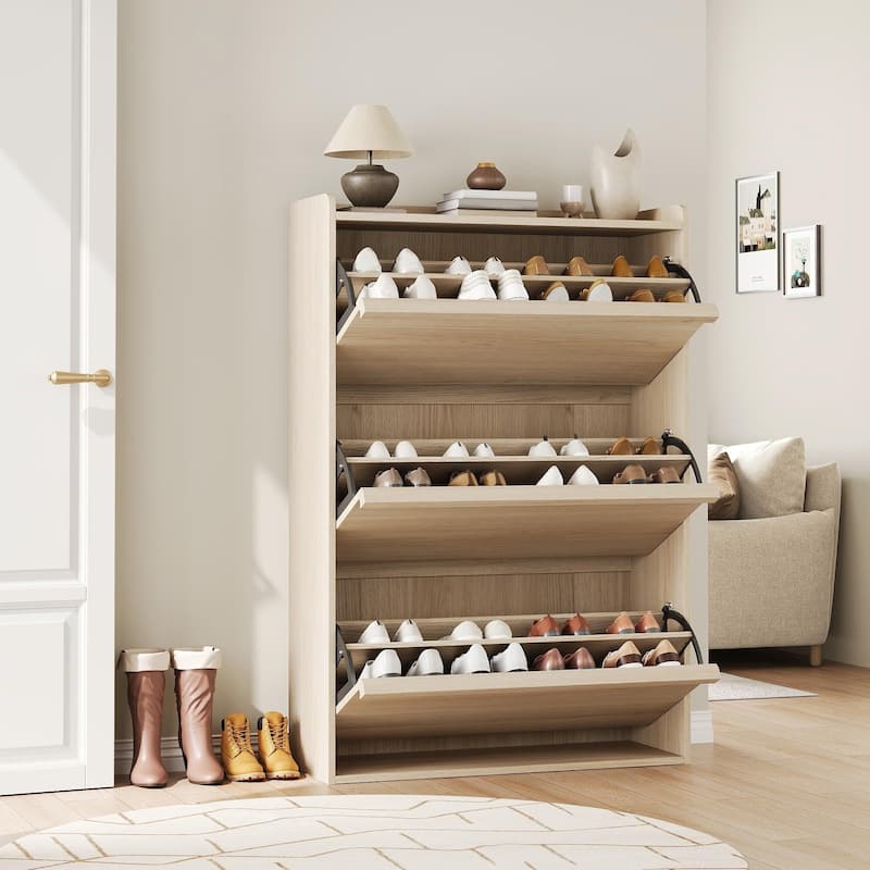 Drawer Wooden Shoe Cabinet with Adjustable Shelves - Natural - 3 Drawer