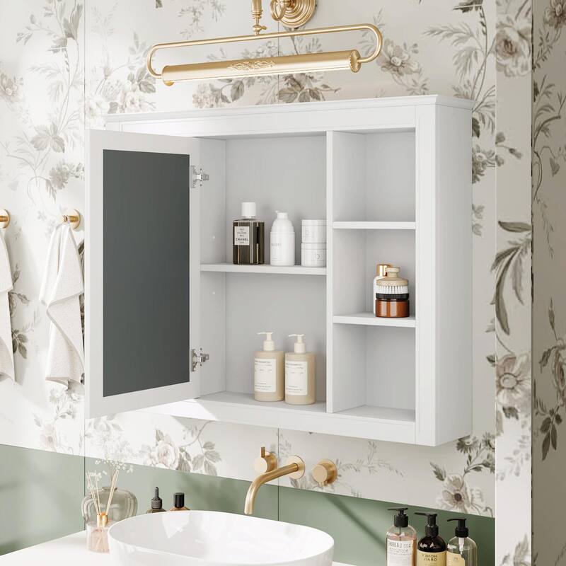 Modern Wall-Mounted Bathroom Storage Cabinet with Mirror - Includes 6 Open Shelves