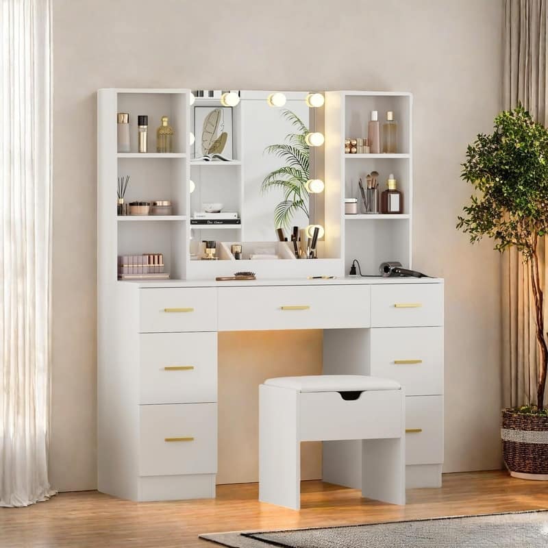 56" Farmhouse Makeup Vanity Set with Lighted Mirror, Charging Station, 7 Drawers