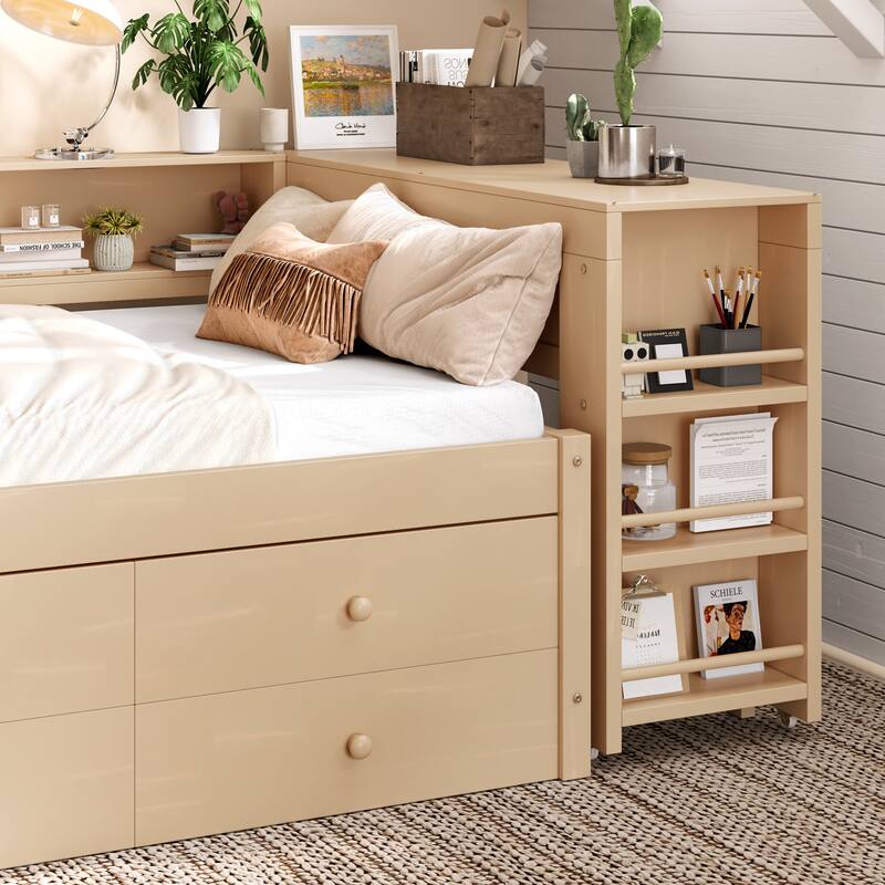 Full/Twin Daybed with Trundle & Storage Drawers - Wood Frame with Side Shelves and Desk