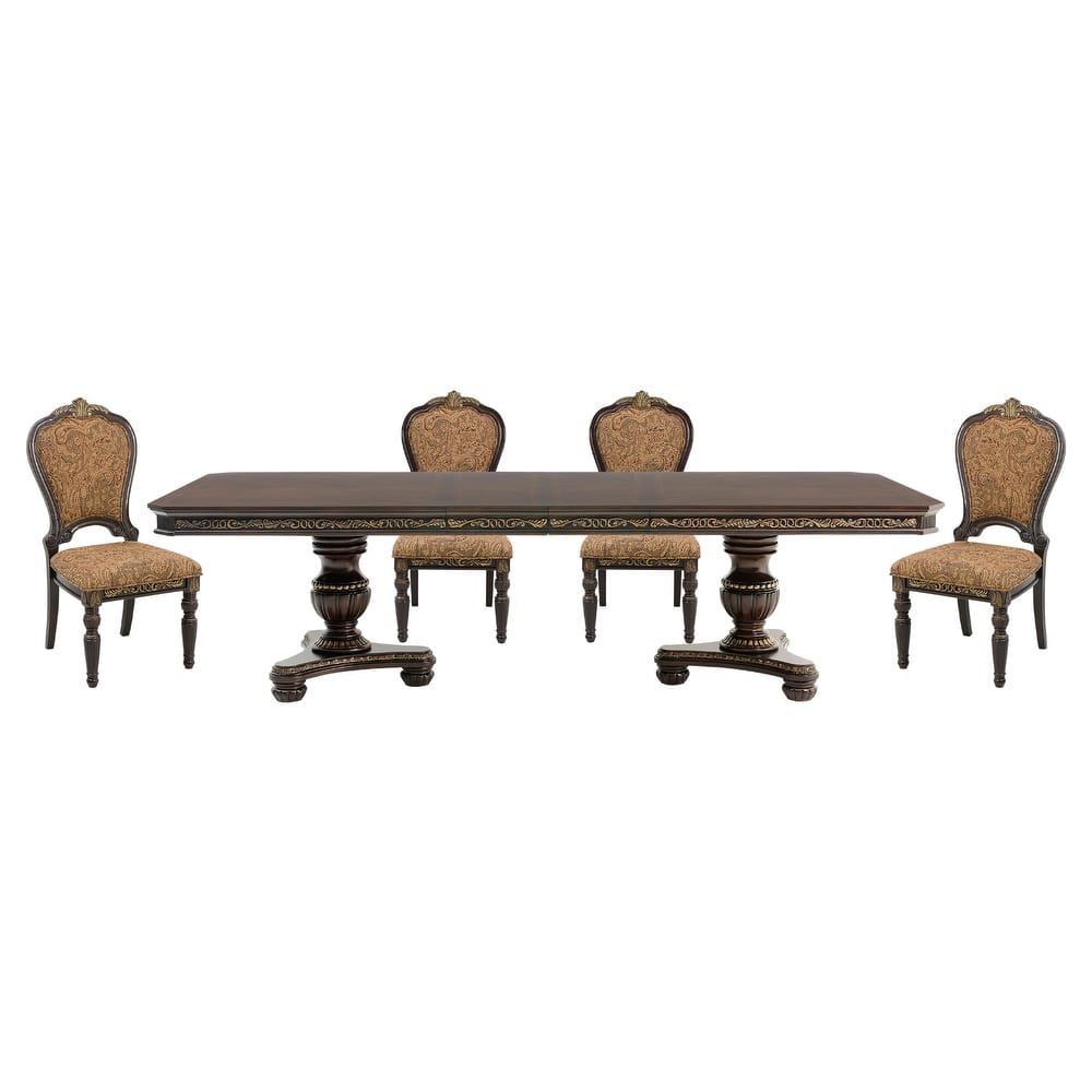 Formal Traditional Dining Set Extendable Table Chairs Cherry Finish with Gold Tipping
