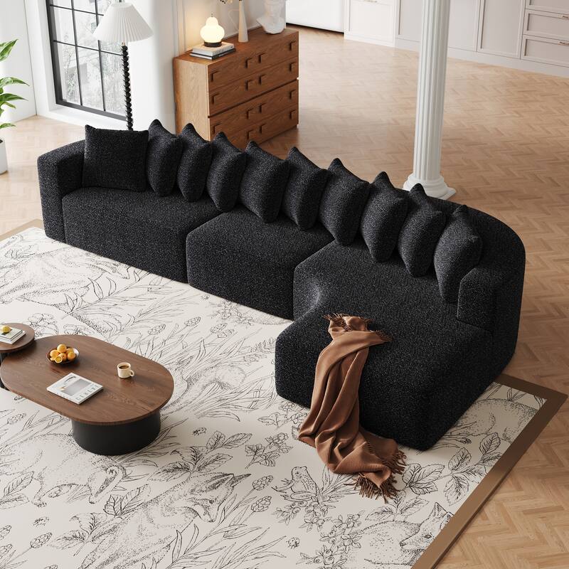 Living Room Chenille Corner Couch Curved Sectional Sofa with Chaise and 10 Pillows, Floor Standing Modular Compressed Sofa - Black