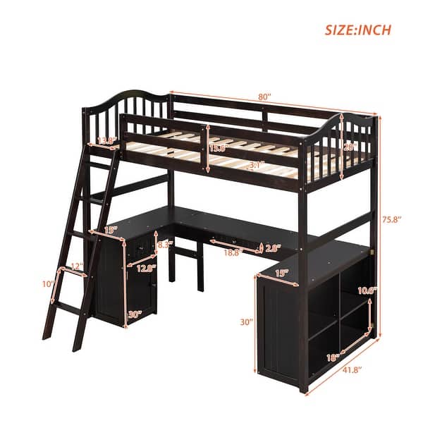 dimension image slide 1 of 3, Wooden Twin Size Loft Bed Frame with U-shaped Desk, Drawers, Cabinet, Storage Shelves, Ladder and Guardrails for Kids, Teens