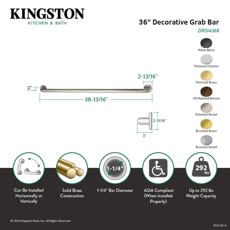 Kingston Brass Meridian 36-Inch x 1-1/4-Inch O.D Grab Bar