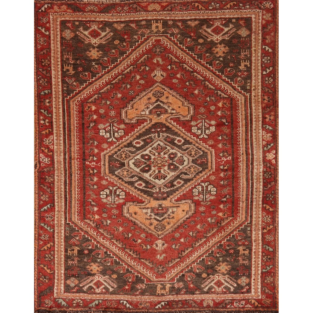 Geometric Red Shiraz Persian Vintage Rug Handmade Wool Carpet - 3'7"x 4'11"