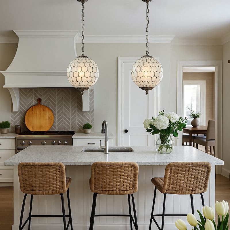 1-Light 12'' Vintage Mid Century Natural Capiz Shell Chandelier Antique Brass French Country Hanging Pendant Light