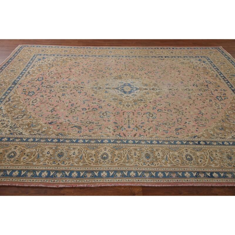Vegetable Dye Distressed Mashad Persian Rug Antique Handmade Wool Carpet - 7'10" x 10'9"
