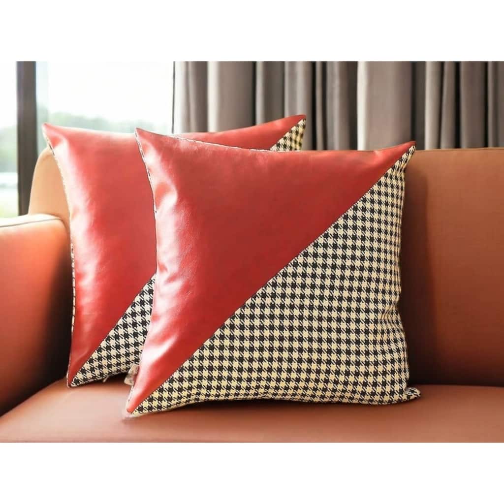 HomeRoots Set Of Two 18" X 18" Black And Red Polyester Houndstooth Zippered Pillow