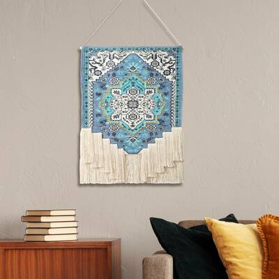 Sevita Bright Blue Floral Woven Wall Hanging with Macrame Fringe - 25.5" x 45"