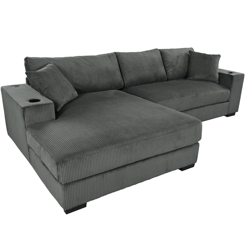 111.5" Corduroy Sectional Sofa Oversized 3 Seat L Shaped Sofa with 2 Built-in Cup Holders and Charging Ports