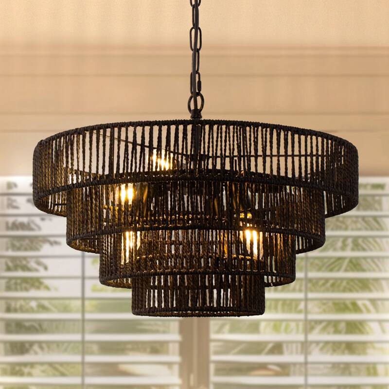 YANSUN Boho Chic 4-Tiered Chandelier 6-Light Pendants with 6 Black Metal Arms & Rattan Shades,19.69"Diameter,E12 Base