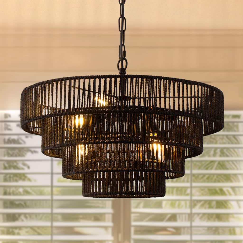YANSUN Boho Chic 4-Tiered Chandelier 6-Light Pendants with 6 Black Metal Arms & Rattan Shades,19.69"Diameter,E12 Base