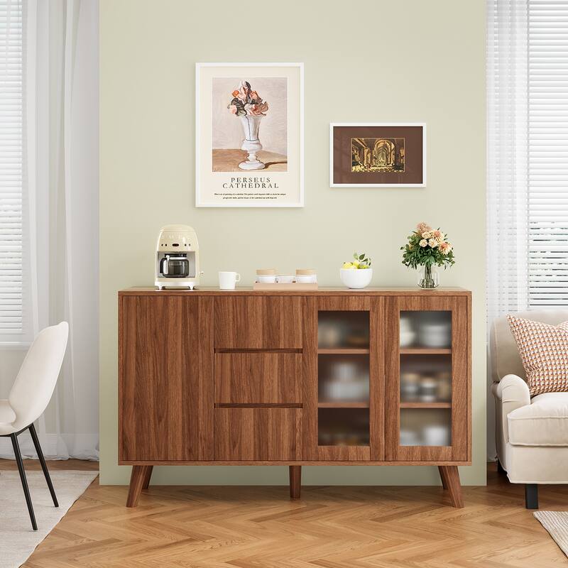 Farmhouse Buffet Cabinet, 55.5" Coffee Bar with 3 Drawers and Pop-Up Doors, Large Rustic Sideboard for Dining Room