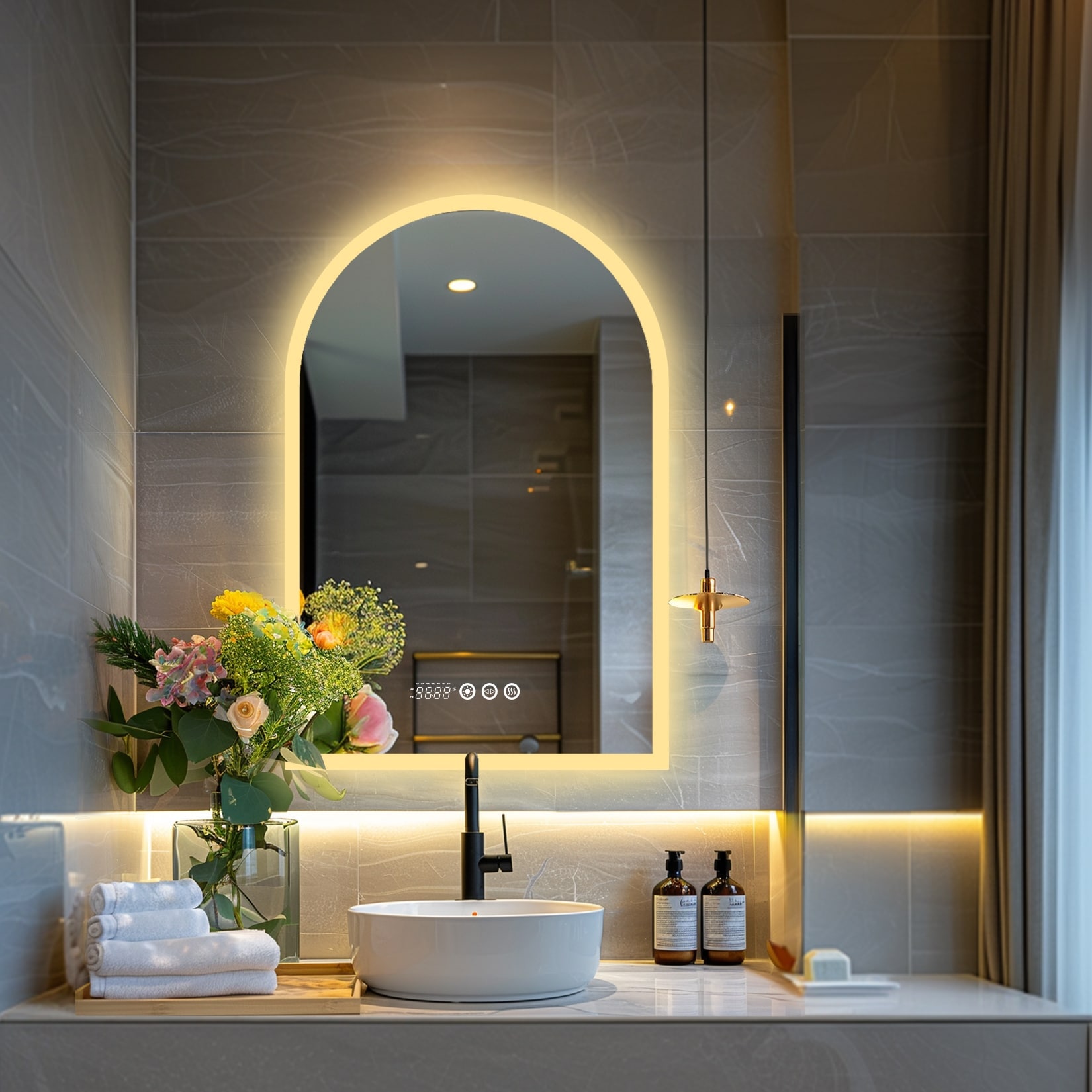 Smart LED Arched Bathroom Vanity Makeup Mirror with with Time Temperature