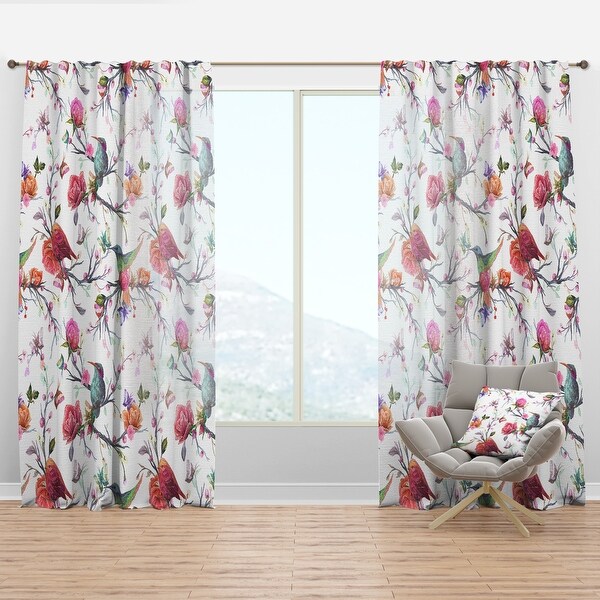 Designart 'Vintage Pattern: Bird, Flowers, Leaves' Farmhouse Curtain Panel. Opens flyout.