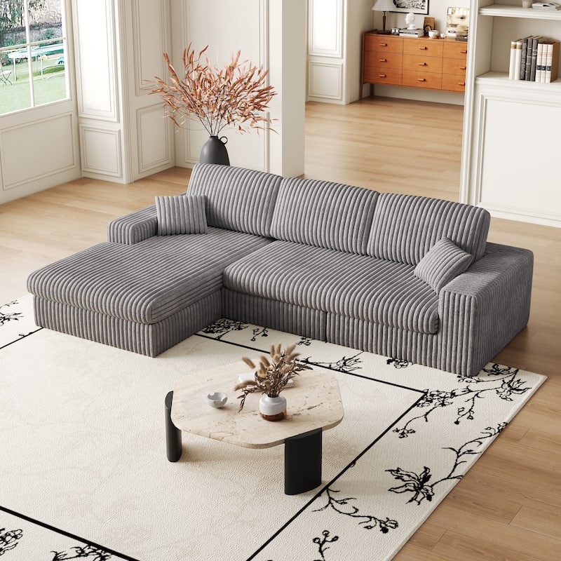 Roomfitters 114.5" Stylish Corduroy Modular Recliner Sofa, Convertible L-Shaped Couch with Neck Pillows & Throw Pillows - Grey