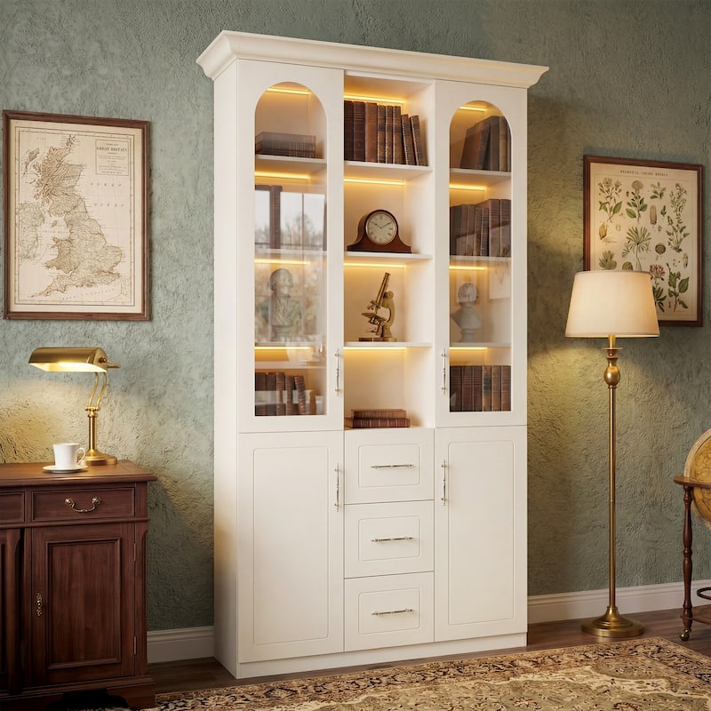 Modular Bookcase with LED Lights, Glass Door Storage Cabinet with Drawers, Large Display Shelving Unit Sideboard