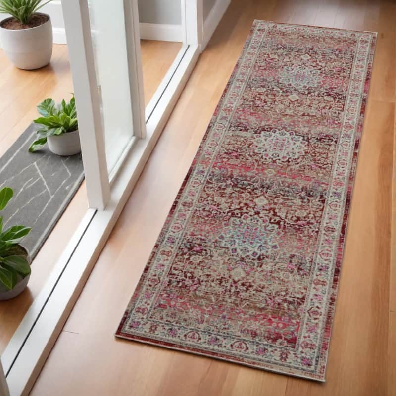 HomeRootsFloral Transitional Runner Area Rug - 72' X '24' X '0.5 - 72' X '24' X '0.5 - Ivory/Red