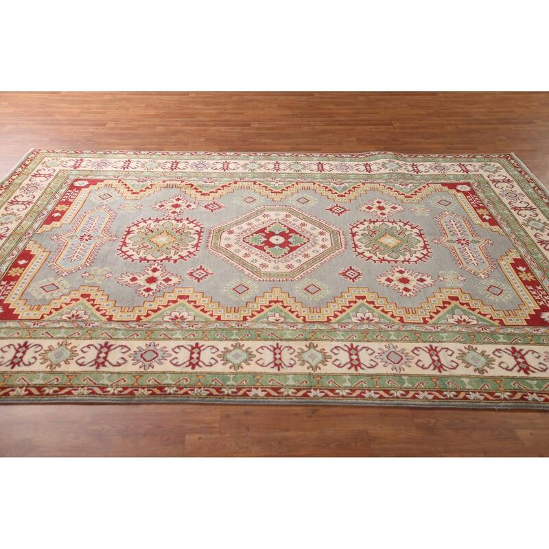 Gray Geometric Kazak Area Rug Handmade Wool Carpet - 6'6" x 9'9"