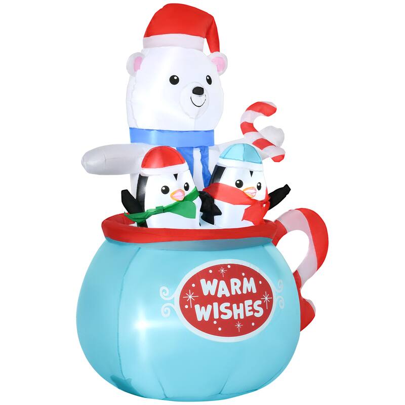 5ft Christmas Inflatables Outdoor Decorations Blessed Polar Bear and Penguins in the Cup, Blow-Up LED Yard Christmas Decor