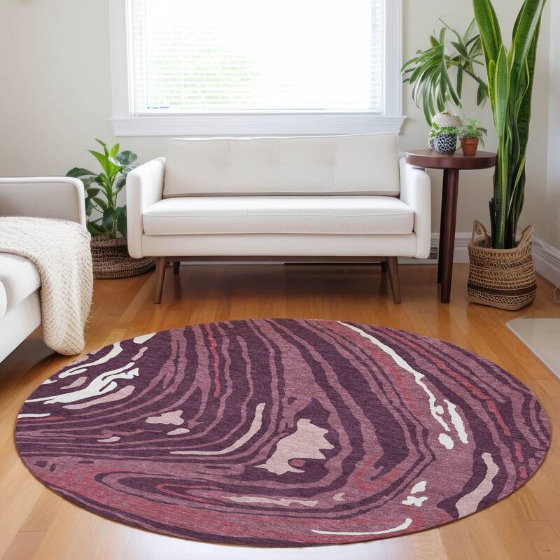 Machine Washable Indoor/ Outdoor Abstract Brushstrokes Chantille Rug - Garnet - 8' x 8'