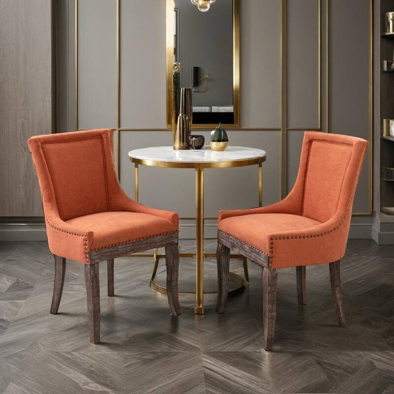 Dining Chair，Thickened fabric chairs with neutrally toned solid wood legs， Bronze nail head，Set of 2