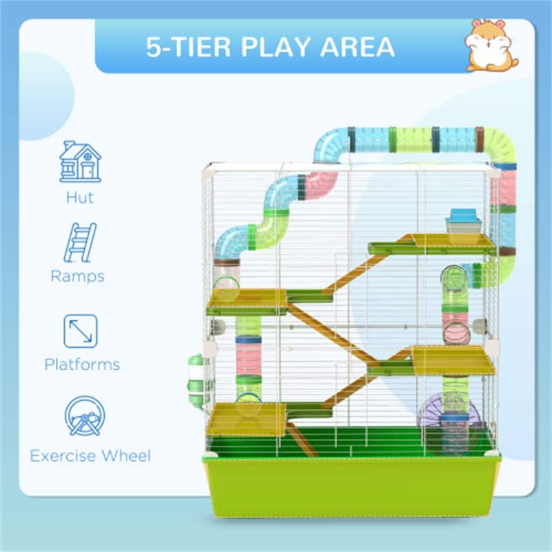 Green-White Steel Hamster Cage with 5 Tiers, Tubes and Accessories - 23.25" L x 14.25" W x 27.25" H