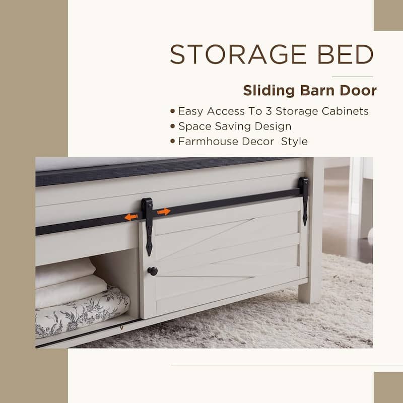 Farmhouse Queen Size Wood Bed Frame , with Cabinets and Headboard