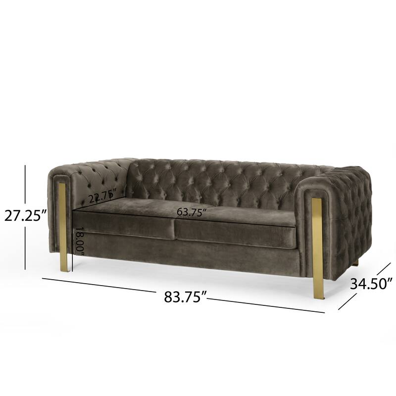 Velvet Button Tufted 3-seater Sofa with Iron Legs
