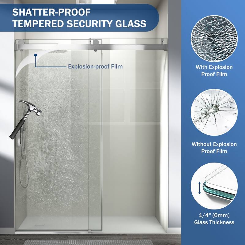 ABRUZZO 56-60" W x 76" H Frameless Soft-Closing Single Sliding Shower Door 1/4" (6mm) Explosion-Proof Tempered Glass