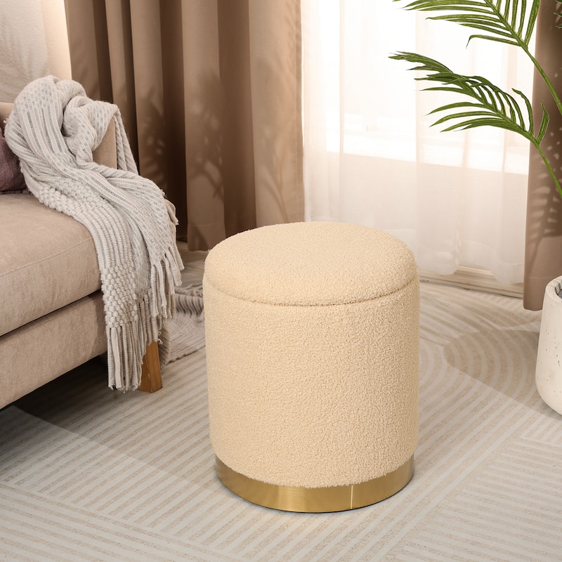 Adeco Velvet Round Storage Stool Gold Plating Base Storage Ottoman - Oatmeal