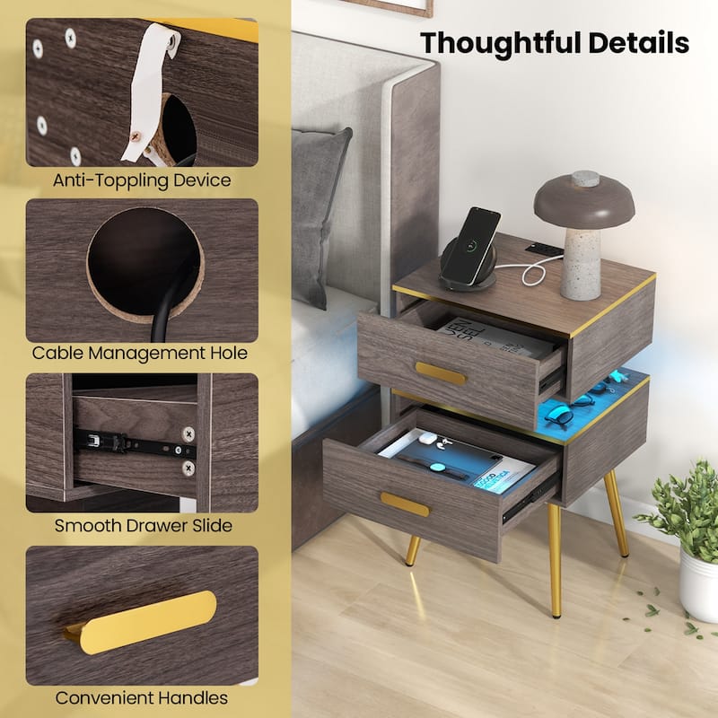 Costway 1/2 PCS Nightstand with Charging Station Bedside Sofa Side