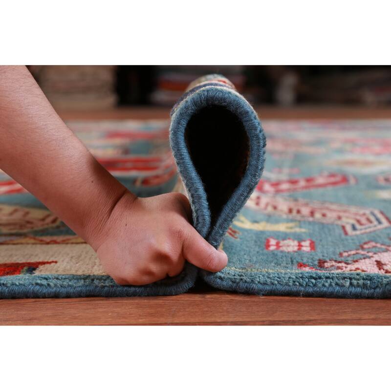 Hand Knotted Oriental 100% Wool Carpet Traditional All-Over Navy Blue & Blues Kazak Area Rug - 12' 1'' X 9' 1''