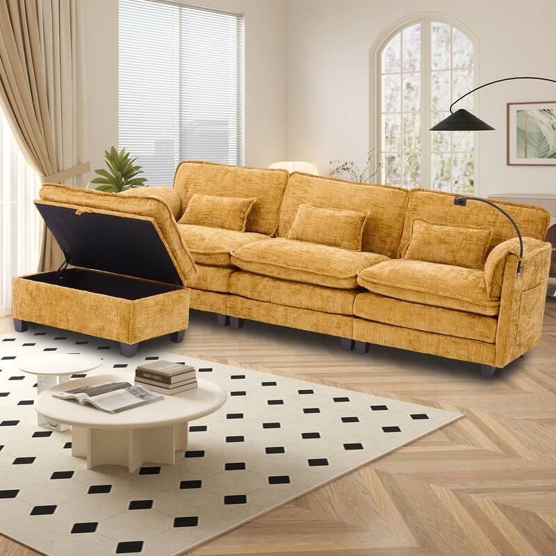 GALDWIN Chenille Upholstered L-shaped Modular Sectional Sleeper Sofa with Movable Storage Ottoman,USB&Type-C - Yellow