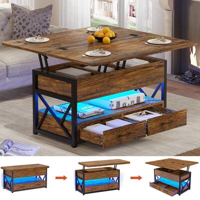 40" Lift Top Coffee Table, 4 in 1 Coffee Tables with Storage, Small Farmhouse Coffee Table with 2 Drawers & LED Light
