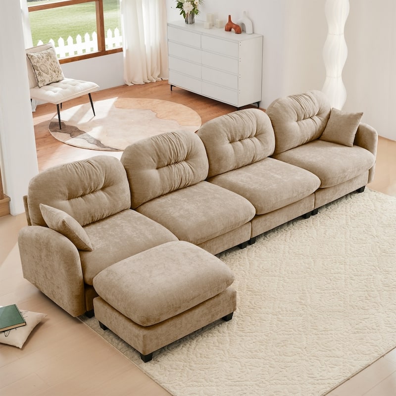 Chenille L-shaped Modular Flexible Combination Sectional Sofa with Wooden Base