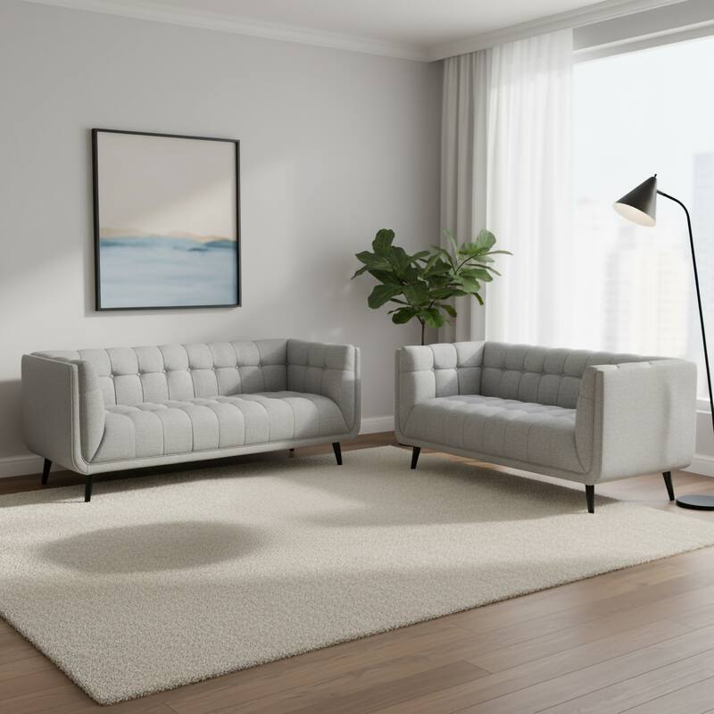 Modern Mid-Century Tufted Upholstered Living Room Sofa Set - Grey - 2 Piece