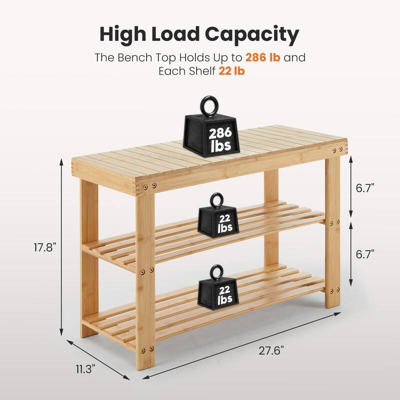 Rossetta 3-Tier Solid Natural Bamboo Compact Storage Shoe Rack Bench, Straightforward Assembly